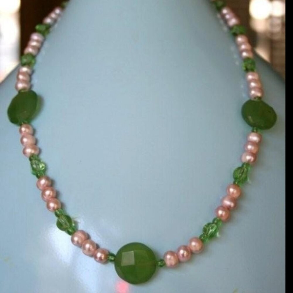 Hand made necklace fresh water pearl green jade semi precious stones